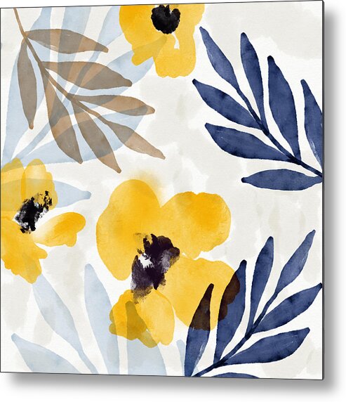 Flowers Metal Print featuring the mixed media Yellow and Navy 3- Floral Art by Linda Woods by Linda Woods