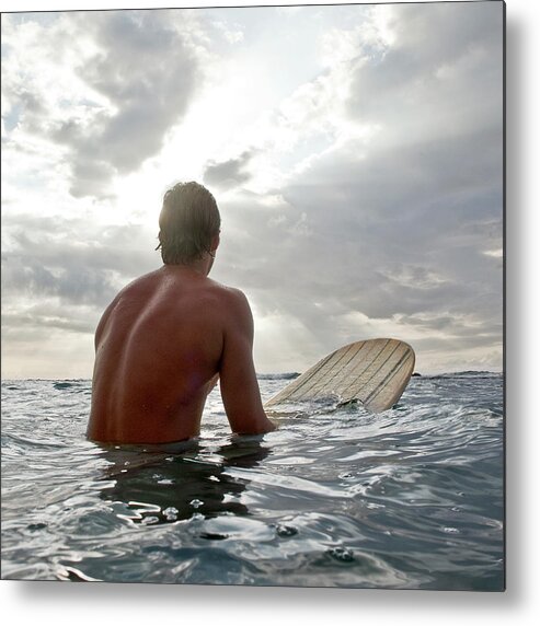 People Metal Print featuring the photograph Young Man On Surfboard In Water Looking by Siri Stafford