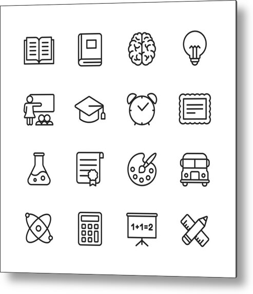 Education Metal Print featuring the drawing Education Line Icons. Editable Stroke. Pixel Perfect. For Mobile and Web. Contains such icons as Book, Brain, Inspiration, School Bus, Certificate. by Rambo182