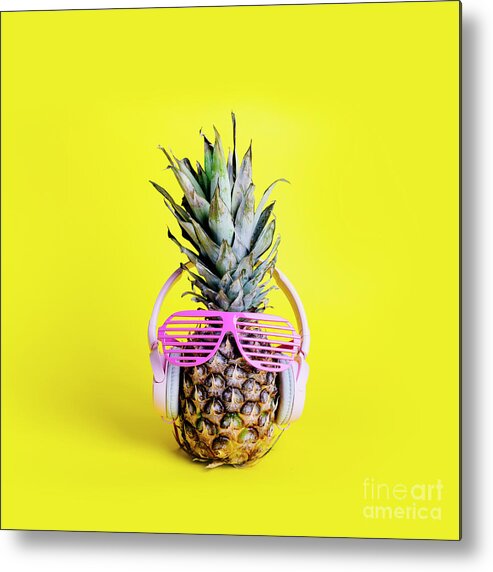 Pineapple Metal Print featuring the photograph Fashionable trendy pineapple fruit with headphones and sun glas #1 by Jelena Jovanovic