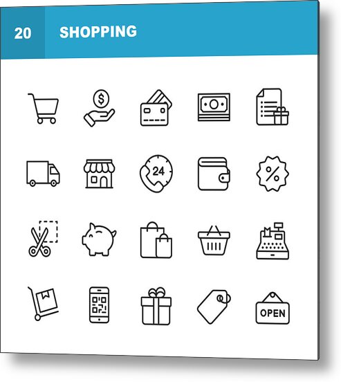 Coin Metal Print featuring the drawing Shopping and E-commerce Line Icons. Editable Stroke. Pixel Perfect. For Mobile and Web. Contains such icons as Shopping, E-commerce, Payment Method, Piggy Bank, Delivery. #1 by Rambo182