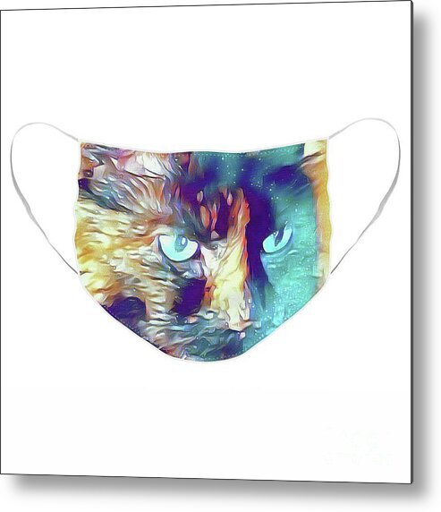 Cat; Kitten; Torti; Torti Cat; Tortoiseshell; Gold; Brown; Black; Teal; Cat Eyes; Kitten Eyes; Close-up; Photography; Painting; Profile; Face Mask; Mask Metal Print featuring the photograph Torti in Teal Face Mask by Tina Uihlein