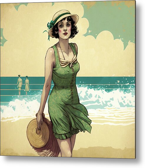 Flapper Metal Print featuring the digital art 1920s Flapper Woman at the Beach 01 by Matthias Hauser