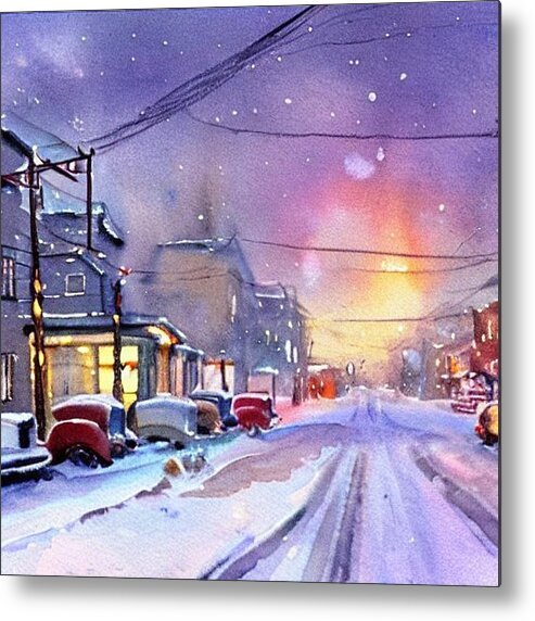 Watercolor Metal Print featuring the painting 1950s Streetscape in Winter by Christopher Lotito