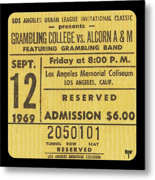 College Football Metal Print featuring the mixed media 1969 Grambling vs. Alcorn AM Football Ticket Art by Row One Brand