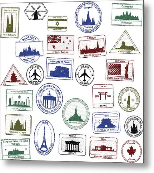 Clock Tower Metal Print featuring the drawing Passport Stamps #2 by Leontura