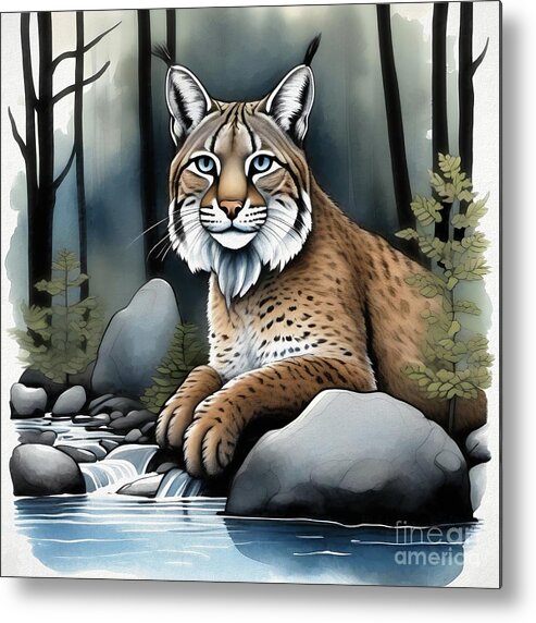 Animals Metal Print featuring the digital art A Beautiful Lynx Cat Resting In The Forest - 02363 by Philip Preston
