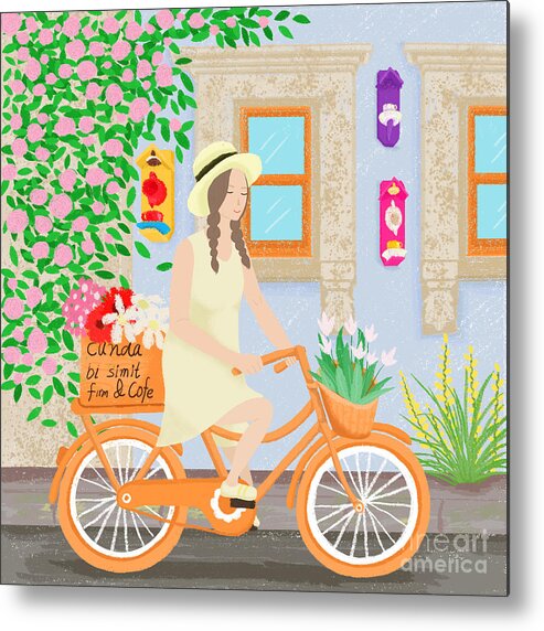 Girl Metal Print featuring the drawing A girl on a bicycle by Min Fen Zhu