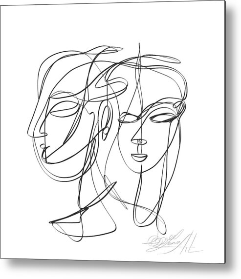 Sketch Metal Print featuring the digital art A one-line abstract drawing depicting two faces in a symbiotic relationship by OLena Art