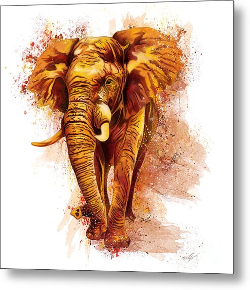 African Elephant Metal Print featuring the painting African elephant splatter painting, orange and yellow elephant by Nadia CHEVREL