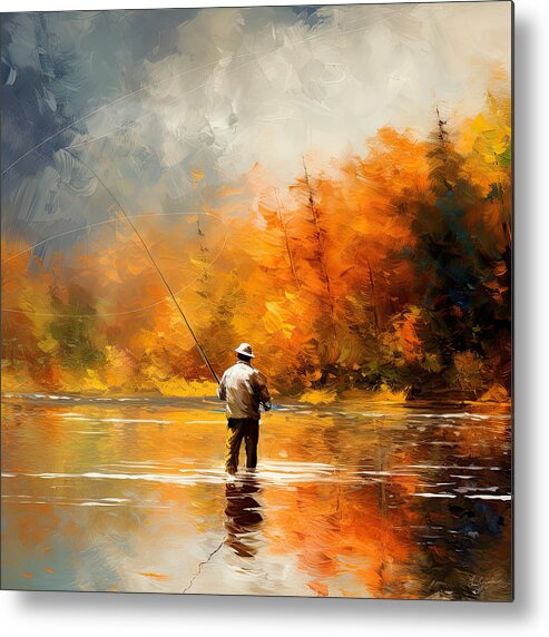 Fly Fishing Metal Print featuring the digital art Autumn Angler - A Vibrant Impressionist Painting of a Man Fly Fishing on a Lake by Lourry Legarde
