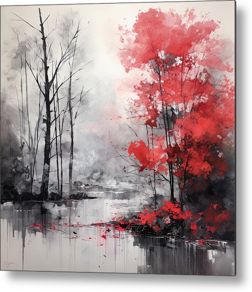 Gray And Red Art Metal Print featuring the painting Autumn Embrace in Red and Gray by Lourry Legarde