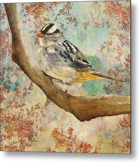 White-crowned Sparrow Metal Print featuring the painting Autumn Sparkles by Angeles M Pomata