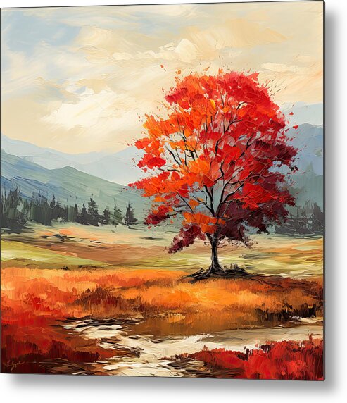 Yellow Metal Print featuring the painting Autumn's Tranquility - Red Maple Paintings by Lourry Legarde