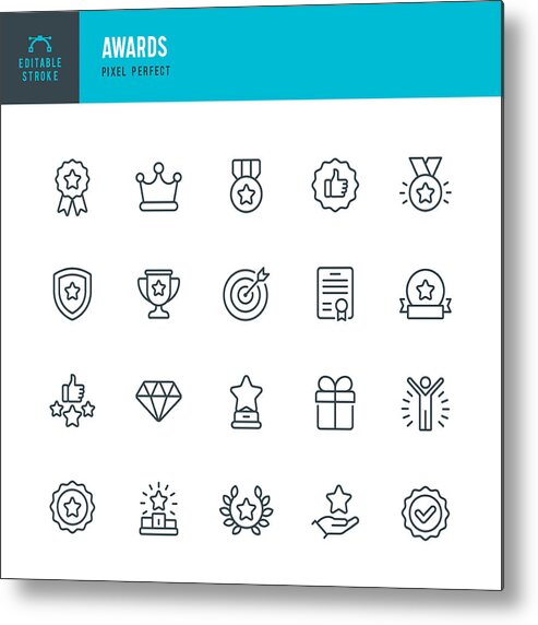 Crown Metal Print featuring the drawing AWARDS - thin line vector icon set. Pixel perfect. Editable stroke. The set contains icons: Award, First Place, Winners Podium, Leadership, Certificate, Laurel Wreath, Medal, Trophy, Gift. by Fonikum