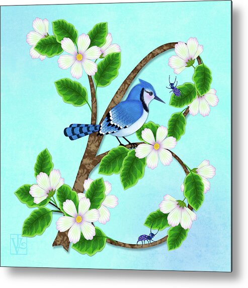 Letter B Metal Print featuring the digital art B is for Blossoming Branch and Bird by Valerie Drake Lesiak