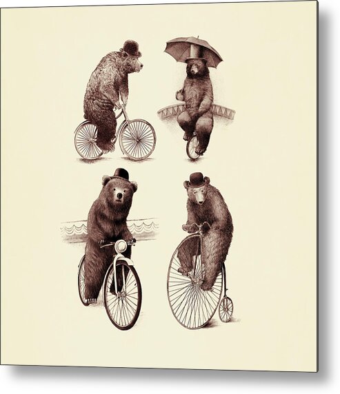 Bears Metal Print featuring the drawing Bears on Bicycles by Eric Fan