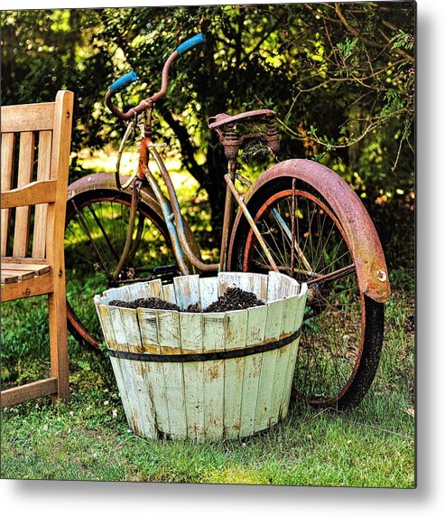 Bench Bicycle Metal Print featuring the photograph Bicycle Bench1 by John Linnemeyer