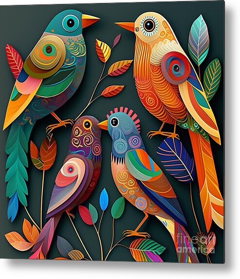 Birds Metal Print featuring the digital art Birds - Folk Art I by Jay Schankman