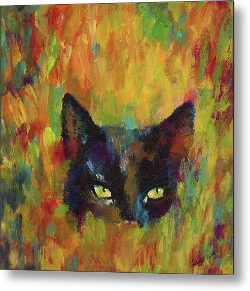 Cat Metal Print featuring the painting Black cat acrylic painting by Karen Kaspar