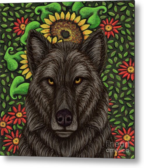 Wolf Metal Print featuring the painting Black Wolf Sunflowers by Amy E Fraser