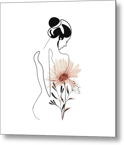 Pose Metal Print featuring the drawing Blooming woman line art print, minimal one line woman with flowers, vintage sensual woman's body art by Mounir Khalfouf