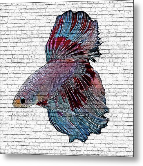 Blue Metal Print featuring the painting Blue and Pink Betta Splendens, Siamese Fighting Fish - Brick Block Background by Custom Pet Portrait Art Studio