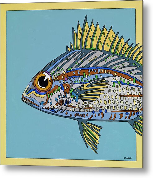 Blue Fish Ocean Salt Water Metal Print featuring the painting Blue Fish by Mike Stanko