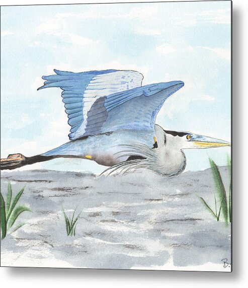 Blue Heron In Flight Metal Print featuring the painting Blue Heron In Flight by Bob Labno