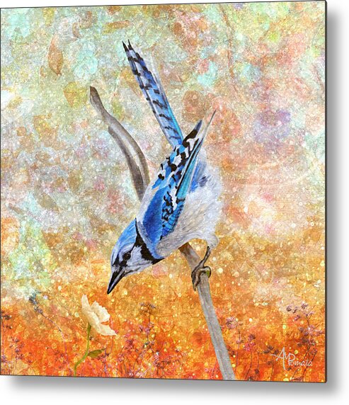 Blue Jay Metal Print featuring the painting Beneath The Stardust by Angeles M Pomata
