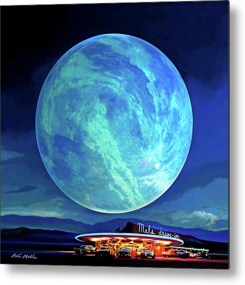 Blue Moon Metal Print featuring the digital art Blue Moon Over Mel's by Robin Moline