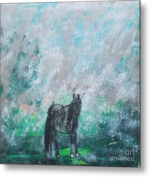  Metal Print featuring the painting The Blue Roan Horse in Rain by Mark SanSouci