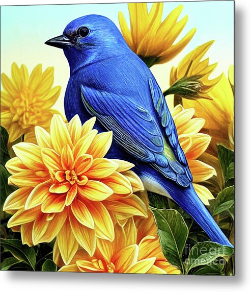 Eastern Bluebird Metal Print featuring the painting Bluebird In The Yellow Peonies by Tina LeCour