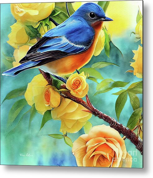 Eastern Bluebird Metal Print featuring the painting Bluebird In The Yellow Roses by Tina LeCour