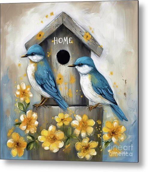 Bluebirds Metal Print featuring the painting Bluebirds At Home by Tina LeCour