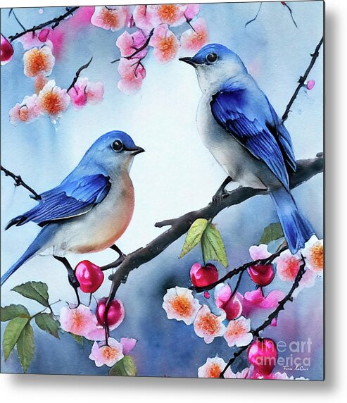 Bluebirds Metal Print featuring the painting Bluebirds in the Cherry Tree by Tina LeCour