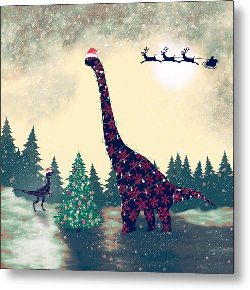 Christmas Metal Print featuring the digital art Brontosaurus and Velociraptor Christmas by Anastasiya Malakhova