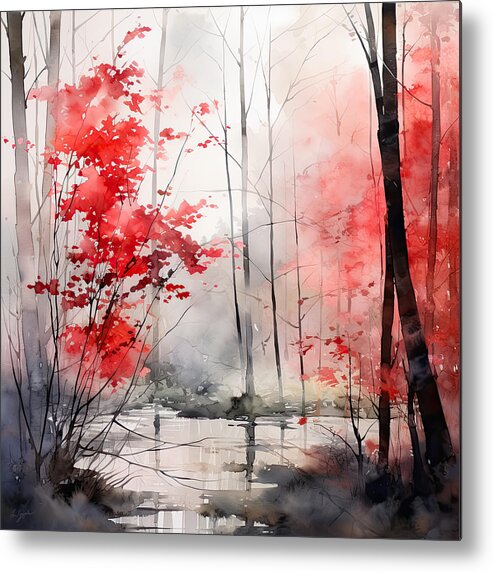 Gray And Red Art Metal Print featuring the painting Breath Of Autumn - Autumn Art - Red and Gray Wall Art by Lourry Legarde