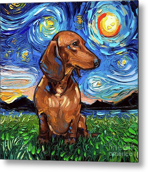 Dachshund Metal Print featuring the painting Brown Dachshund Night by Aja Trier