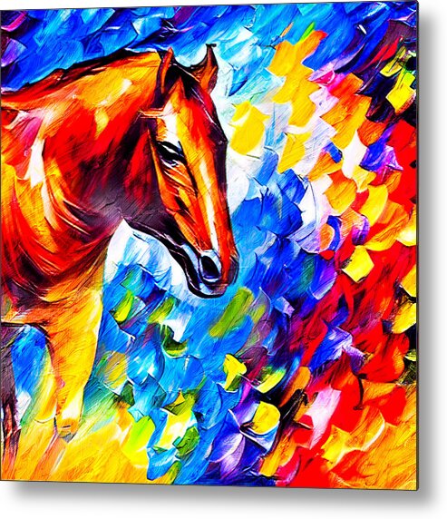 Horse Metal Print featuring the digital art Brown horse portrait on a colorful blue, red and yellow background by Nicko Prints