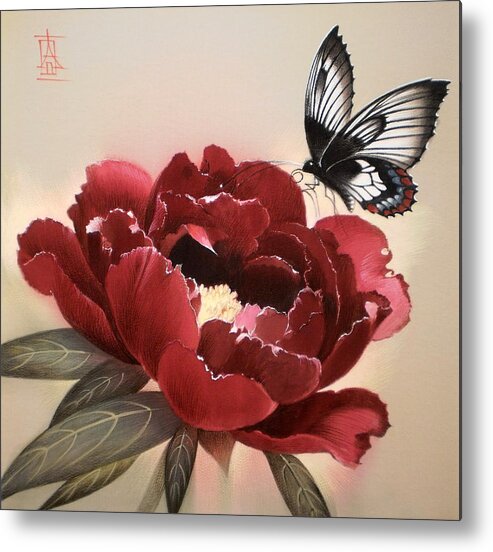 Russian Artists New Wave Metal Print featuring the painting Butterfly Landing on Peony Flower by Alina Oseeva