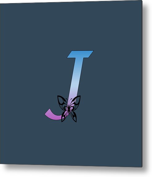 Monogram Metal Print featuring the digital art Butterfly Silhouette on Monogram Letter J Gradient Blue Purple by Ali Baucom