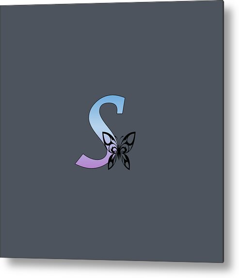 Monogram Metal Print featuring the digital art Butterfly Silhouette on Monogram Lower Case s Gradient Blue Purple by Ali Baucom