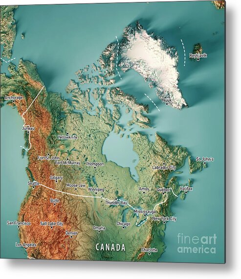 Canada Metal Print featuring the digital art Canada 3D Render Topographic Map Border Cities by Frank Ramspott