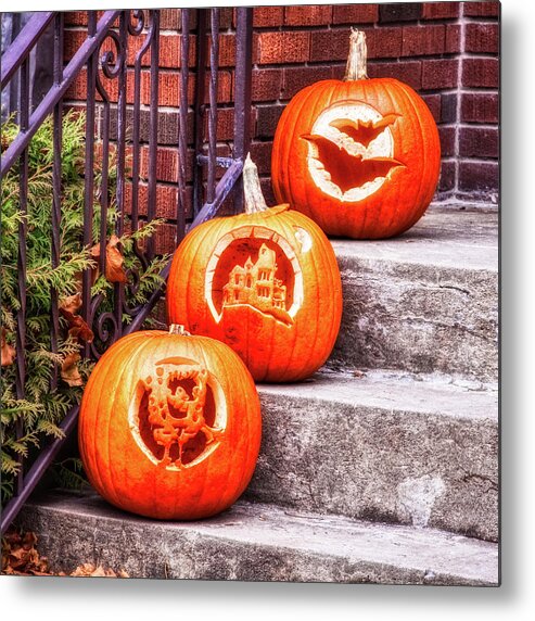 Pumpkins Metal Print featuring the photograph Carved Pumpkins for Autumn Holidays by Tatiana Travelways
