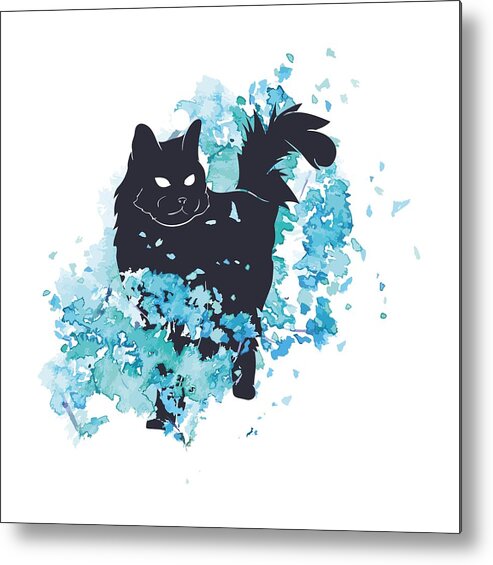 Cat Metal Print featuring the digital art Cat black and blue watercolor by Matthias Hauser