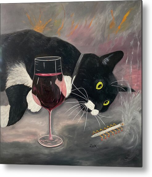 Funny Tuxedo Cat Metal Print featuring the painting Cat Dreaming by Karen Zuk Rosenblatt