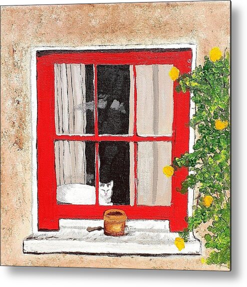 Cat Metal Print featuring the painting Cat in Red Window by Amy Kuenzie