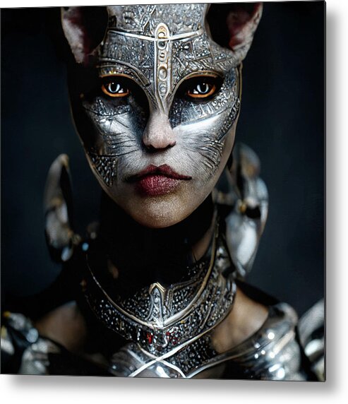 Warriors Metal Print featuring the digital art Cat Woman Warrior Portrait by Peggy Collins