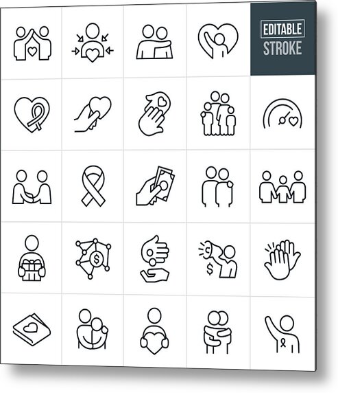 Charity Benefit Metal Print featuring the drawing Charitable Giving Line Icons - Editable Stroke by Appleuzr